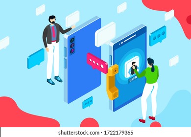 Conversation between two people on the phone. Dialogue or conference. Vector detailed isometric illustration. Isometric male and female characters.
