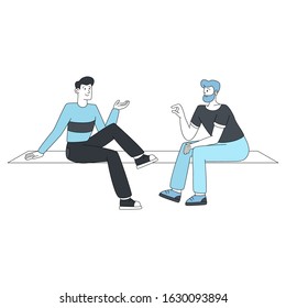 Conversation between two people vector cartoon illustration. Young man and adult explaining each other, discussing, searching for solution. Sitting people line art characters in blue