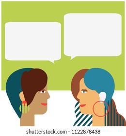 Conversation between two women, portraits in geometric modern style.  Vector fashion illustration with girls faces in simple shapes.