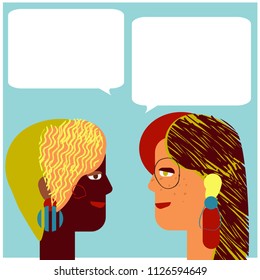 Conversation between two women, portraits in geometric modern style.  Vector fashion illustration with girls faces in simple shapes.