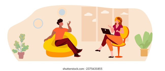 Conversation between a woman and a man in a room with a window. Friendly conversation. Interior, room, yellow. Vector illustration.
