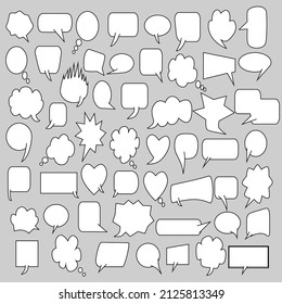 Conversation bubble text set, chat box, message box outline. cartoon vector illustration design. Balloon doodle style of thinking sign symbol. blank white speech bubble isolated on a gray background.