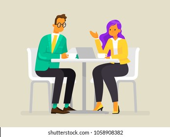 Conversation of business people. A man and a woman are discussing the project. Vector illustration in a flat style