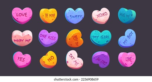 Conversation candies for Valentine day, vector love sweet hearts with romantic messages for boyfriend or girlfriend. Colorful Valentines sugar food collection, Cartoon illustration, isolated icons set