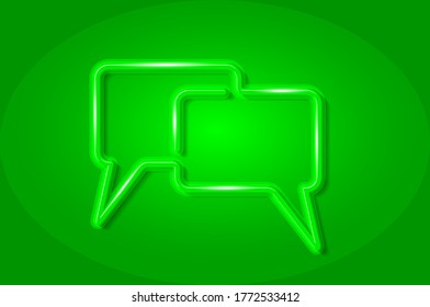 Conversation, chat rectangle bubbles glowing 3D symbol, card template. Realistic vector illustration. Green background.