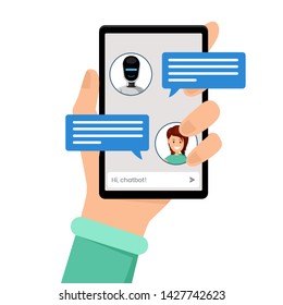 Conversation with chatbot flat vector illustration. Hand holding smartphone with user avatars and speech boxes on screen. Message exchange with artificial intelligence, smart communication technology