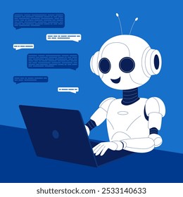 Conversation with chatbot, help of AI virtual assistant, machine learning. Cute robot sitting at laptop to type messages in GPT chat, answer questions in messenger cartoon vector illustration