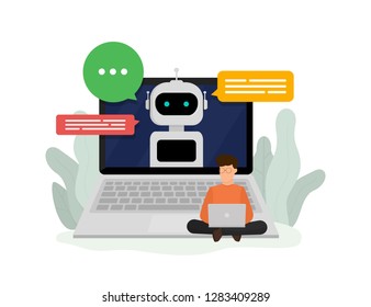 Conversation with chatbot online on laptop. Customer service and support. Artificial intelligence concept. Vector illustration. Flat design. EPS 10.