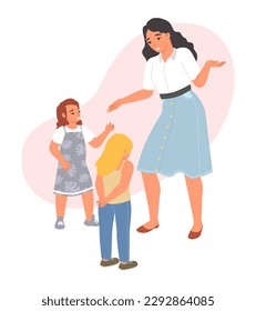 Conversation with children concept. Flat cartoon woman teacher and little preschoolers in dispute, female talking to kids after quarrel vector illustration isolated on white background
