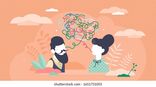 Conversation clutter concept, flat tiny person vector illustration. Stylized speech bubble with a thought jumble. A couple having discussion dialogue. Colorful creative chat scene. Social networking.