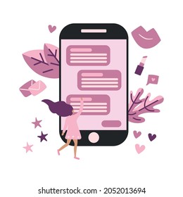 Conversation colorful concept. The girl is chatting. Icons, text messages, stars, hearts, notifications fly out of the screen. Communication and conversation on the phone. Vector flat illustration iso