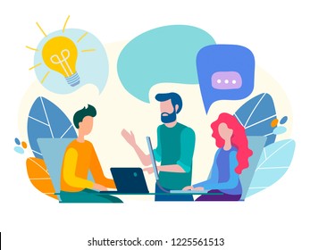 Conversation, communication, discussion in the office, teamwork, discussion of current issues and tasks, brainstorming concept. Vector illustration.