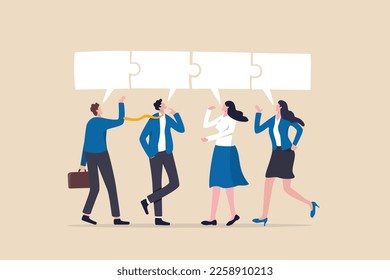 Conversation or communication for success, meeting discussion to get answer or solution, working together, partnership or collaboration concept, business people talk with speech bubble jigsaw connect. svg
