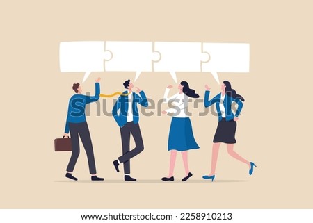 Conversation or communication for success, meeting discussion to get answer or solution, working together, partnership or collaboration concept, business people talk with speech bubble jigsaw connect.