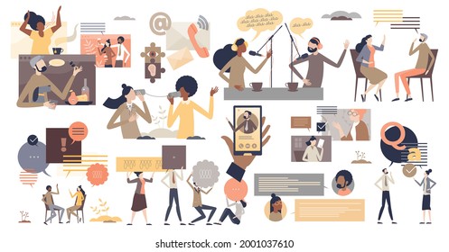 Conversation and communication with talking and chat tiny person collection set. Isolated speech and message elements vector illustration. Phone connection dialogue with social information sharing.