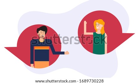 Conversation concept illustration. Characters of a couple and texting concept illustration. Bright people portraits - young men and women - row of talking people with bubbles above