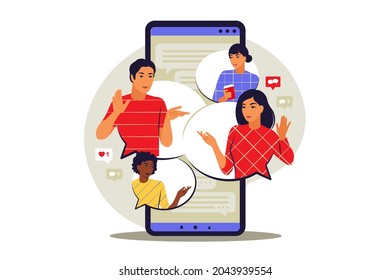 Conversation concept. Man and woman talking with speech bubbles on chat. Vector illustration. Flat.