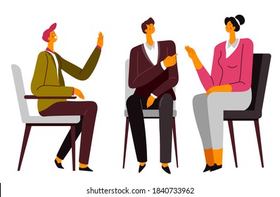 Conversation of couple with psychologist on consultation. Wife and husband resolving family problems and troubles in relationship. Discussion and communication with specialist vector in flat style