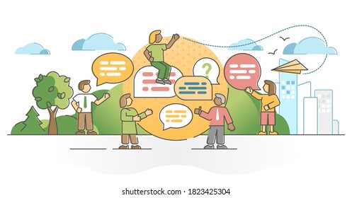 Conversation as dialog talk or discussion speaking process outline concept. Socialization and communication scene with speech message symbolic dialogue bubble vector illustration. Information transfer