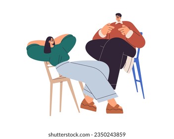 Conversation, dialog. Two relaxed people speaking, talking. Happy man and woman friends chatting, discussing, smiling, sitting on chairs. Flat graphic vector illustration isolated on white background