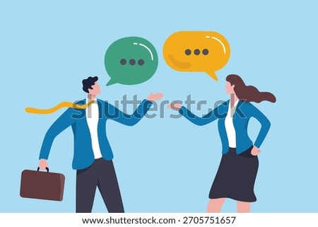 Conversation dialogue, argument or negotiation at work, talk or communicate to colleagues, discussion message, social community concept, businessman having conversation with businesswoman colleague.