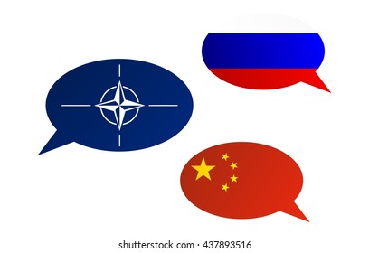 Conversation dialogue bubbles between Russian Federation, China and North Atlantic Treaty Organization (NATO)