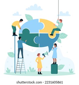 Conversation, dialogue and cooperation vector illustration. Cartoon tiny people join pieces of speech bubble together, talk and communicate in dialog, explain ideas and information, exchange opinions