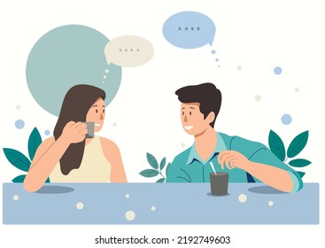 conversation dialogue at the table over a cup of coffee, vector illustration of the plot. image people