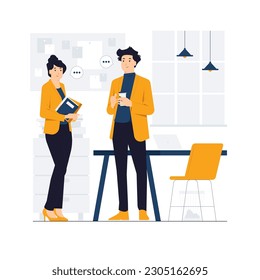 Conversation, discussion, chatting, Talking, Two colleagues joking and laughing during coffee break in work space, business team having fun enjoy discussing project in office concept illustration