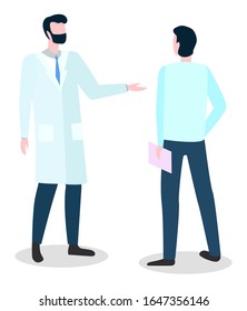 Conversation of doctor and male character. Medical service form professional surgeon or nurse in uniform. People standing and discussing diagnosis. Clinic element team meeting for treatment vector