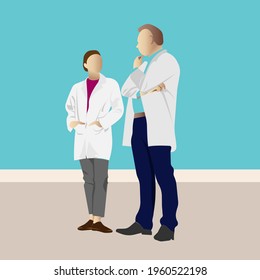 Conversation of doctors in medical clothing. Discussion of diseases. Vector illustration in a flat style.
