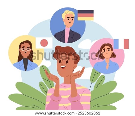 Conversation with foreigners. Man communicates with young guys and girls from Germany, France and Japan. International education and learning. Multicultural communication. Flat vector illustration