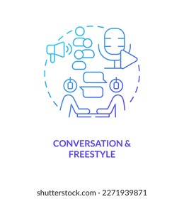 Conversation and freestyle blue gradient concept icon. Digital audio content. Common podcast genre abstract idea thin line illustration. Isolated outline drawing. Myriad Pro-Bold font used