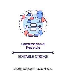 Konversation und Freestyle Konzeptsymbol. Live-Streaming. Beliebte Podcast-Typen abstrakte Idee dünne Linie Illustration. Einzeln Umrisszeichnung. Bearbeitbarer Strich. Arial, Myriad Pro Fett Schriftarten verwendet