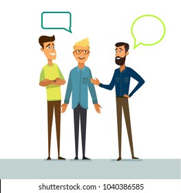 Conversation of friends. Discussion of news, communication on different topics. The men are talking. Vector illustration in a flat style