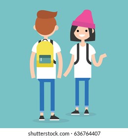 Conversation. Front and rear views of teenagers / flat editable vector illustration, clip art