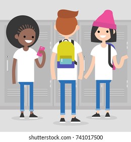 Conversation. Front and rear views of teenagers at school corridor. Multiracial friends. Millennials at school. Generation z / flat editable vector illustration, clip art