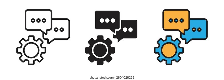 Conversation Gear and Chat Configuration Vector Icon. Speech bubbles combined with an engine gear icon, representing communication management, automated tech support, and chat system configuration.