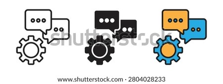 Conversation Gear and Chat Configuration Vector Icon. Speech bubbles combined with an engine gear icon, representing communication management, automated tech support, and chat system configuration.