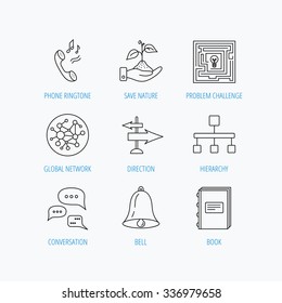Conversation, global network and direction icons. Save nature, maze and book linear signs. Bell and phone ringtone flat line icons. Linear set icons on white background.