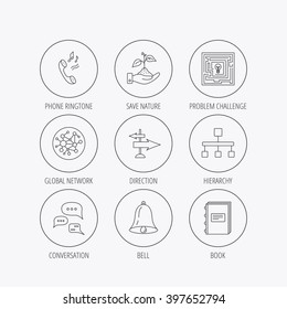 Conversation, global network and direction icons. Save nature, maze and book linear signs. Bell and phone ringtone flat line icons. Linear colored in circle edge icons.