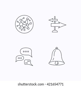 Conversation, global network and direction icons. Bell alarm signal linear sign. Flat linear icons on white background. Vector