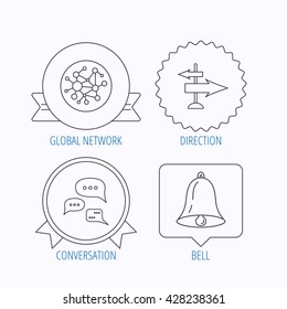 Conversation, global network and direction icons. Bell alarm signal linear sign. Award medal, star label and speech bubble designs. Vector