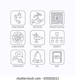 Conversation, global network and direction icons. Save nature, maze and book linear signs. Bell and phone ringtone flat line icons. Flat linear icons in squares on white background. Vector