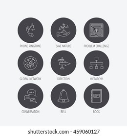 Conversation, global network and direction icons. Save nature, maze and book linear signs. Bell and phone ringtone flat line icons. Linear icons in circle buttons. Flat web symbols. Vector