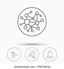Conversation, global network and direction icons. Bell alarm signal linear sign. Linear icons in circle buttons. Flat web symbols. Vector