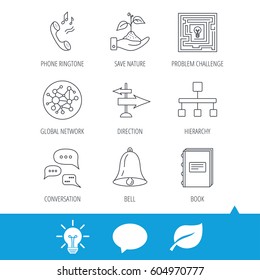 Conversation, global network and direction icons. Save nature, maze and book linear signs. Bell and phone ringtone flat line icons. Light bulb, speech bubble and leaf web icons. Vector