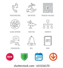 Conversation, global network and direction icons. Save nature, maze and book linear signs. Bell and phone ringtone flat line icons. New tag, shield and calendar web icons. Download arrow. Vector