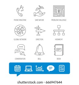 Conversation, global network and direction icons. Save nature, maze and book linear signs. Bell and phone ringtone flat line icons. Report file, Graph chart and Chat speech bubble signs. Vector