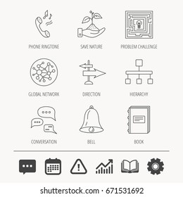Conversation, global network and direction icons. Save nature, maze and book linear signs. Bell and phone ringtone flat line icons. Education book, Graph chart and Chat signs. Vector